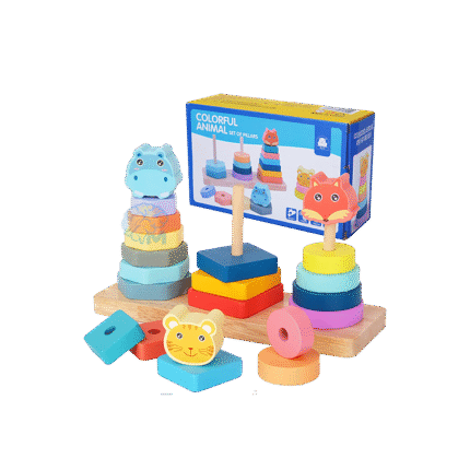 Colorful Animal Tower Set of Pillars Wooden Educational Toy