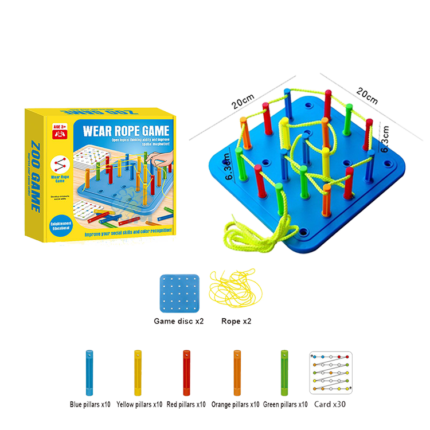 It’s a game to help practice skills. of the fine muscles, thinking, imagining, planning and focusing how to play Randomly pick up 1 problem card and place the columns to match the colors in different positions. and string the rope according to the problem Interactive games, hands-on ability, thinking rotation