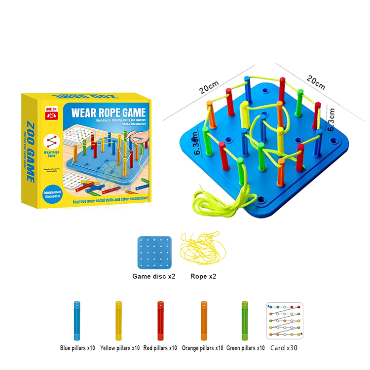 Wear-Rope-Game-Table-Toys-For-Kids It’s a game to help practice skills. of the fine muscles, thinking, imagining, planning and focusing how to play Randomly pick up 1 problem card and place the columns to match the colors in different positions. and string the rope according to the problem Interactive games, hands-on ability, thinking rotation